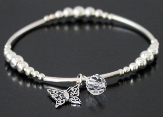 Sterlng Slver Bead Bracelet wth Butterfly Charm