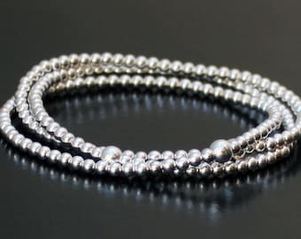 Sterling Silver Layered Bracelet Set, Beaded bracelet, elasticated stretch bracelet skinny bracelets, gift for her,stacking silver bracelets