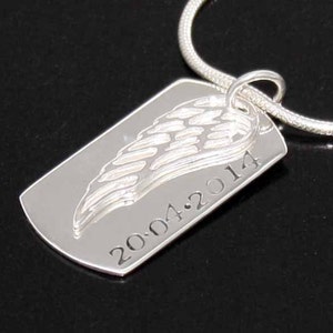 Personalized Tag Necklace, Angel Wing , Personalized Dog Tag , memorial pendant, sterling silver, 925, Customized Memorial Gift