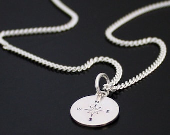 Collana con bussola, ciondolo bussola in argento, GPS. Collana personalizzata in argento sterling.