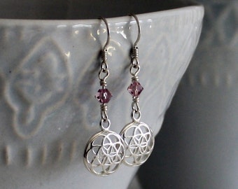 Seed of Life earrings, sterling silver filigree pierced earrings with birthstones, yoga jewelry, FREE SHIPPING