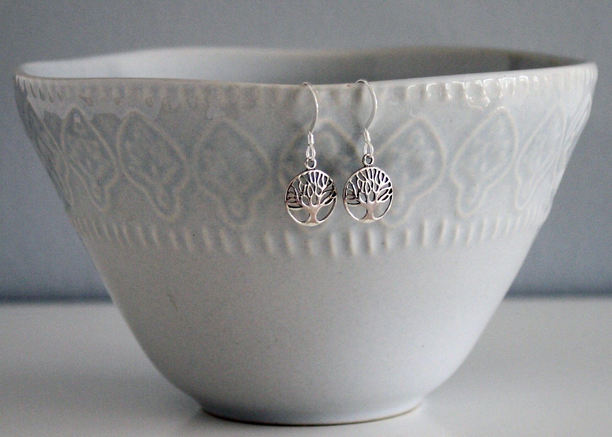 Tree of life earrings with clear faceted crystal accent beads on sterling silver earwires 