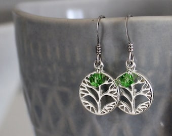Tree of Life Earrings, Sterling Silver with Crystal bead Accent, Personalized Tree of Life Earrings, pierced earrings FREE SHIPPING