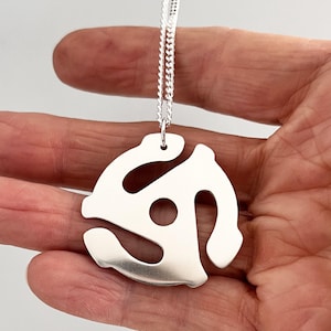 LARGE 1.5 inch 45rpm adaptor necklace sterling silver 70's music jewelry geek retro pendant DJ vinyl record jewelry, vintage single, spindle