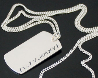 Dog Tag Necklace, Simple Personalized Tag Necklace, TWO SIDED Dog Tag Necklace, Roman Numeral pendant, 925 Sterling Silver