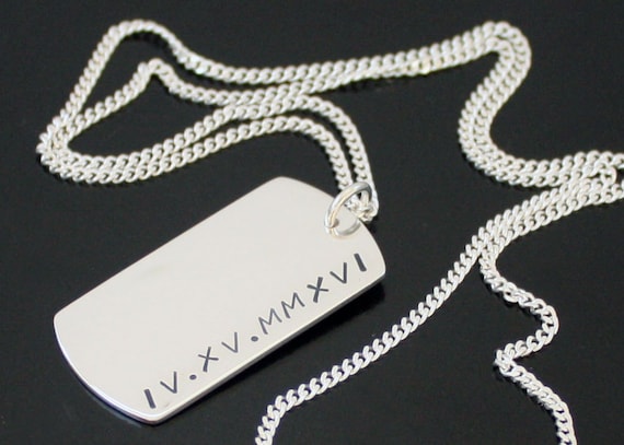 Dog Tag Necklace, Simple Personalized Tag Necklace, TWO SIDED Dog Tag Necklace, Roman Numeral pendant, 925 Sterling Silver