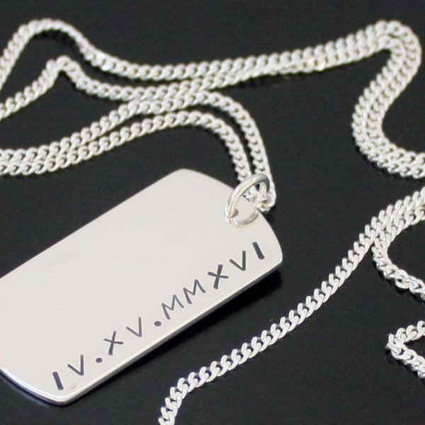 Dog Tag Necklace, Simple Personalized Tag Necklace, TWO SIDED Dog Tag Necklace, Roman Numeral pendant, 925 Sterling Silver