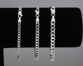 Pulsera de cadena de acera de plata, pulsera de cadena de eslabones CURB de plata de ley sólida 925, pulsera de acera para hombre, pulsera de mujer, 7 pulgadas 7,5 pulgadas 8 pulgadas