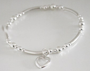 Heart Bracelet Valentines Gift bracelet sterling silver mothers day bracelet, elasticated bracelet sterling silver bead bracelet