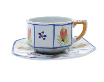 Quimper Mistral Blue Lady Center Octagon Cup & Saucer- No Lattice
