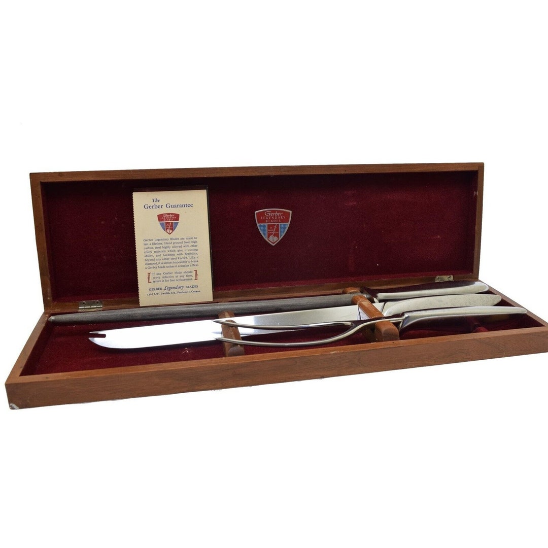 Vintage Gerber Carving Set Knife Carving Fork & Sharpener Walnut