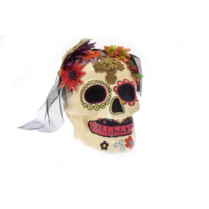 Day Of The Dead Skeleton Head Figurine Colorful Flowers Butterfly 7&quot; Halloween