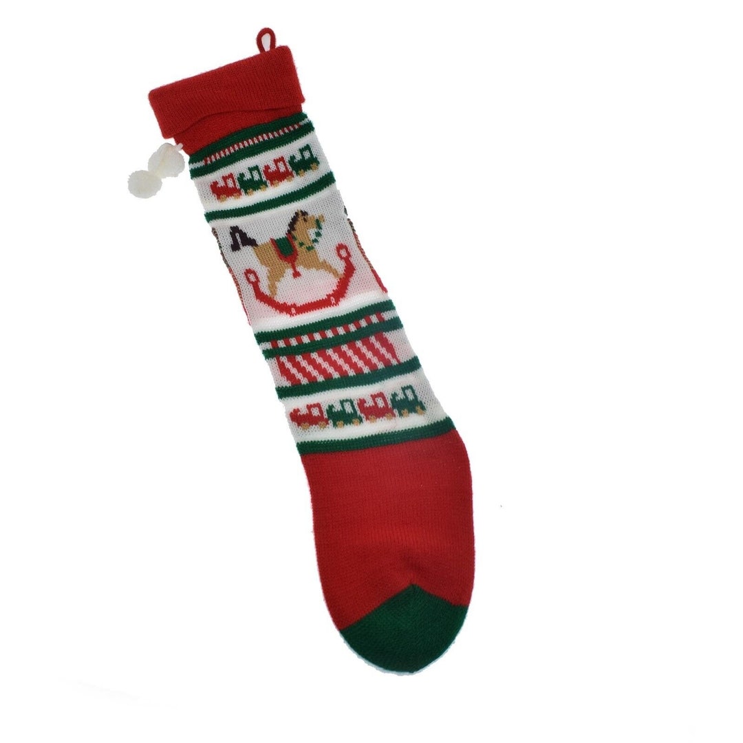 Vintage Christmas Stocking Knit Red Green White Rocking Horse Train 23