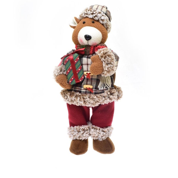 Christmas Teddy Bear Figurine Plaid Jacket & Hat Boots w/ Present In Hand 18"