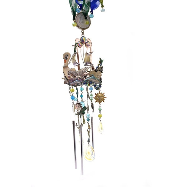 Kirks Folly Wind Chime Ship Of Dreams Silver Tone Blue Green Jewels Retired