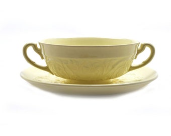 Wedgwood Patrician Ivory Cream Embossed Cream Soup Lugged Bowl and Saucer