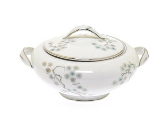 Noritake Pineville 5854 White Green Silver Covered Sugar Bowl