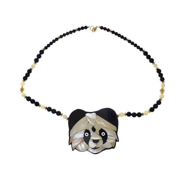 Lee Sands Mother of Pearl Black Onyx Inlay Panda Necklace 20"