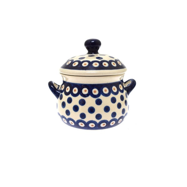 Boleslawiec Polish Pottery Small Covered Jar Peacock Dots Pattern 5"