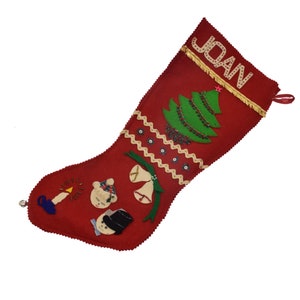Vintage Hand Embroidered Needlepoint Christmas Stocking Holiday 17”