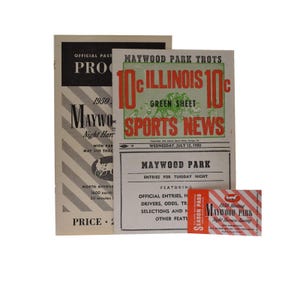 May include: A collection of vintage Maywood Park ephemera, including a program, a sports news publication, and a season pass. The publications feature text in red and black, with the words "Maywood Park Trots" and "Sports News" prominently displayed.
