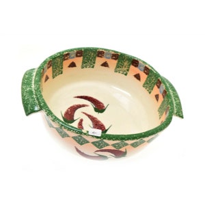 Flat Earth Pottery Chili Peppers Southwestern Casserole Dish 2 Handle 9.75&quot;
