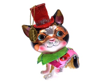 Katherine's Collection Glass Kitty Cat Ornament Cheshire Top Hat Tabby