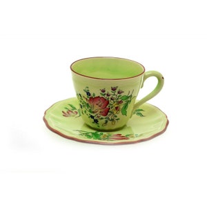 K and G Luneville Old Strasbourg Green Flat Cup & Saucer Tulip #2