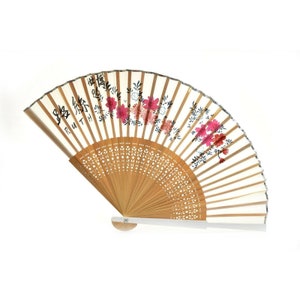 Vintage Handheld Fan Light Wood w/ Floral Painting Detail Silver Trim 8.75&quot;