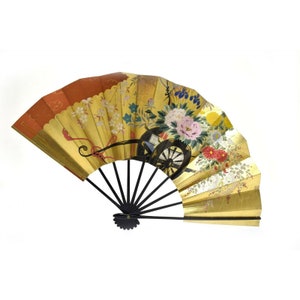 Vintage Handheld Fan Black Plastic Floral Flower Cart Painting Gold Leaf 11.5&quot;