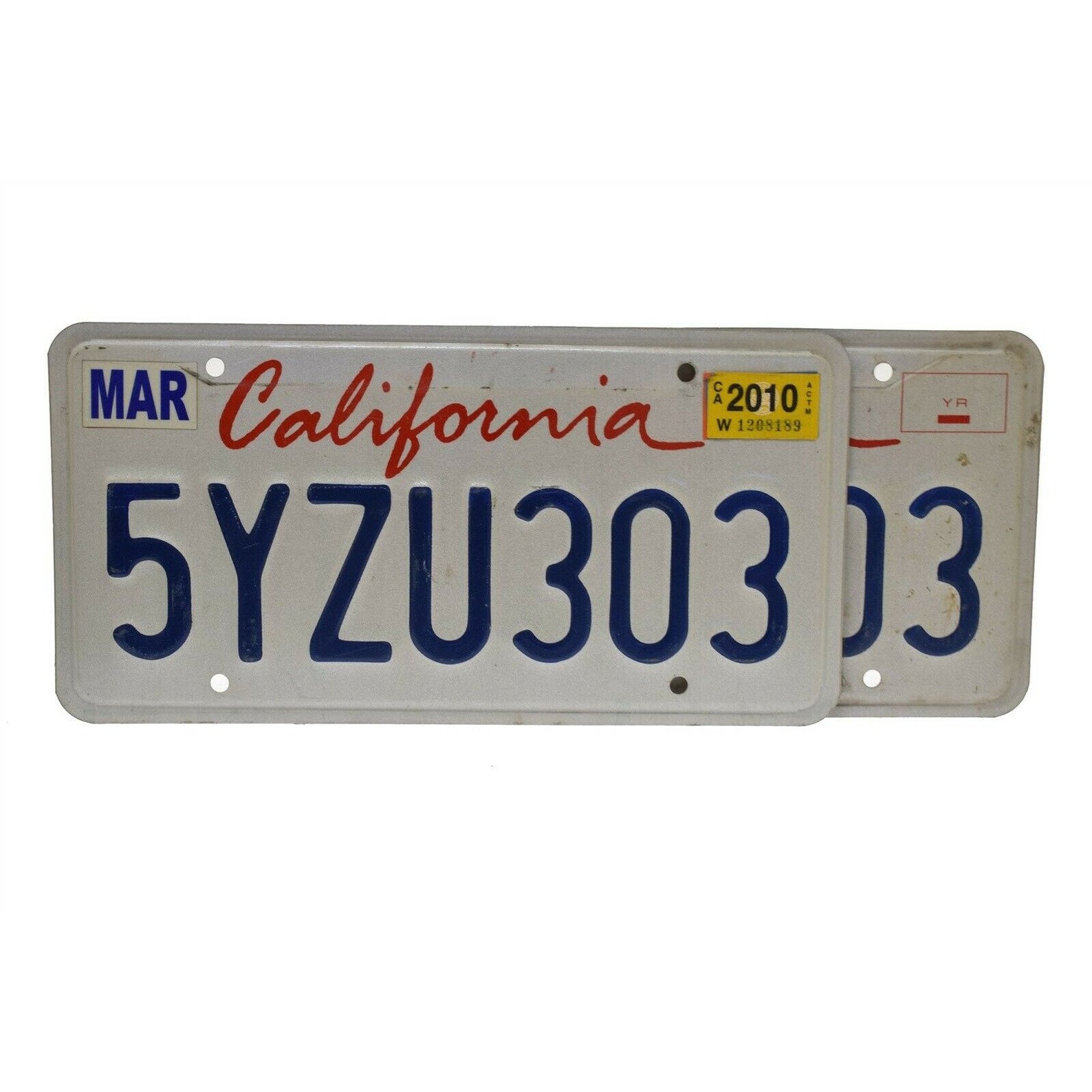 California License Plate White Blue 5YZU303 PAIR Etsy