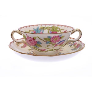 Cuckoo by Minton Scalloped White Globe Backstamp Footed Bouillon Cup & Saucer