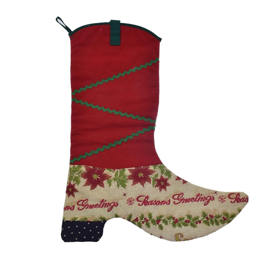 Vintage Christmas Stocking Boot 18 Seasons Greetings Fabric Red Green