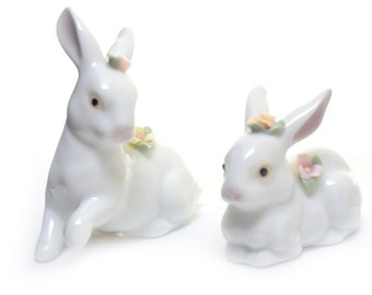 White Ceramic Bunny Rabbit Figurine Set of 2 with Flowers 3" Easter Décor