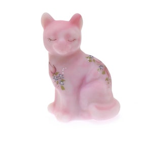 Fenton Satin Burmese 3.5" Glass Hand Painted Pink Floral Cat Figurine Signed