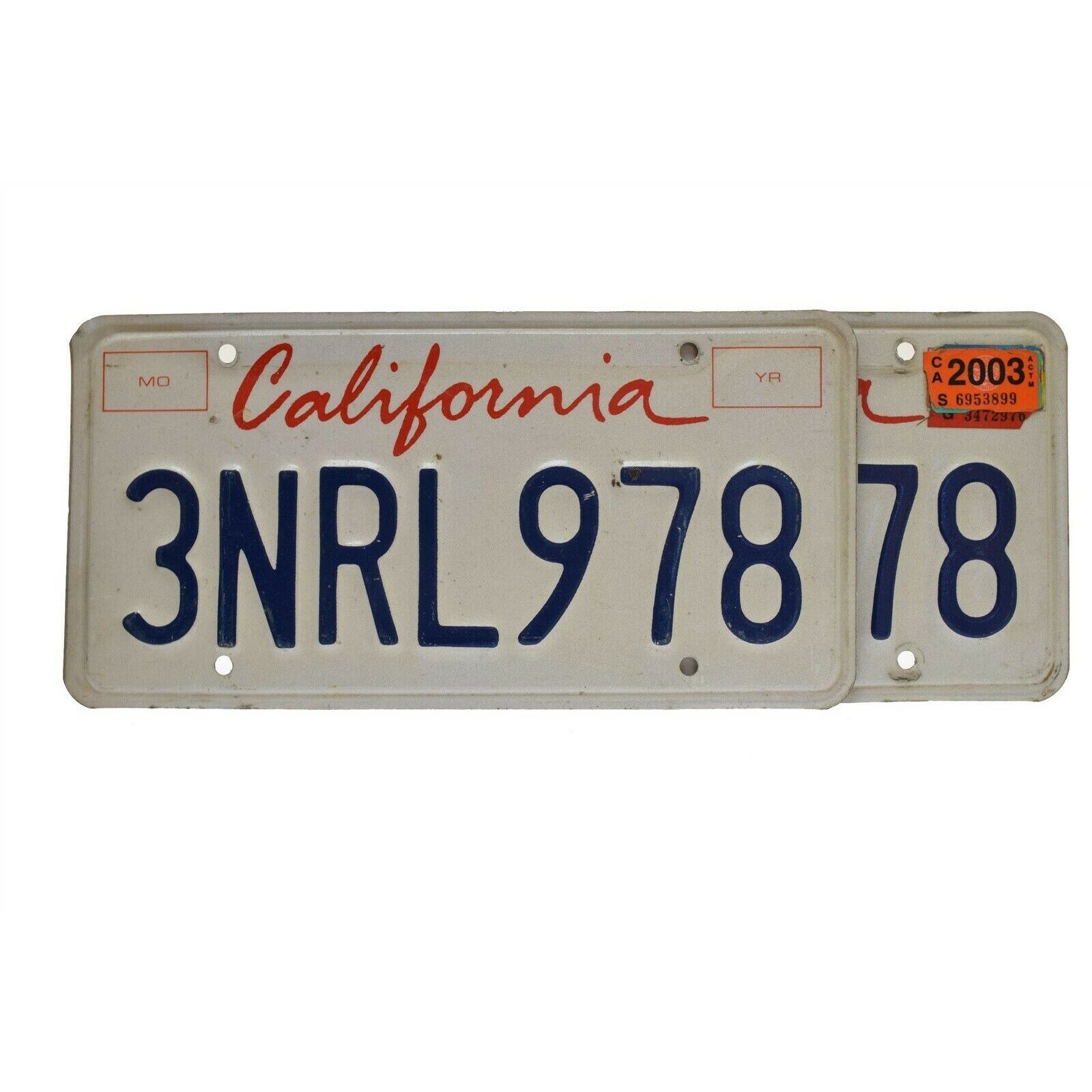 California License Plate White Blue 3NRL978 - PAIR