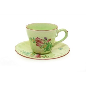 K and G Luneville Old Strasbourg Green Flat Cup & Saucer Tulip #1