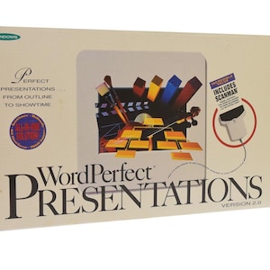 May include: Boxed software for WordPerfect Presentations Version 2.0. The box features a colorful illustration of a presentation slide, a violin, and a paintbrush. The text "Includes ScanMan" is in a red box on the top right corner of the box.