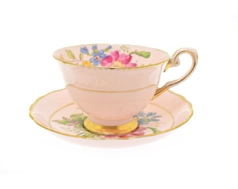 Vintage Tuscan Fine Bone China Pink Cup & Saucer Flowers w/ Gold Trim