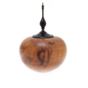 Walnut Urn With Black Finial Top Round Wood Vase Canister Signed 8&quot;