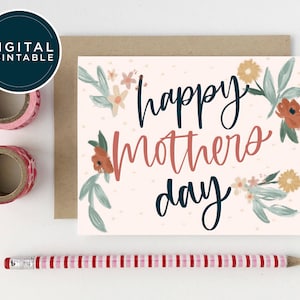 Cartão floral digital para o dia das mães, cartão de caligrafia para o dia das mães, cartão para mãe, cartão da filha