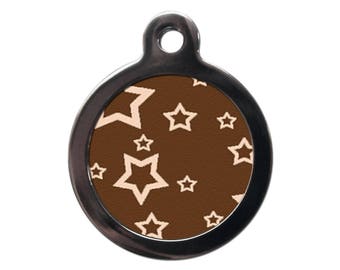 Brown Stars Dog Name Tag - Patterned Pet ID Tag - Dog Cat Identity Tags - FREE Personalized Text On Reverse