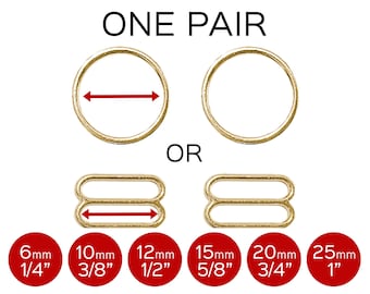 Set of 2 Rings OR 2 Sliders in Gold– 1/4"/6mm, 3/8"/10mm, 1/2"/12mm, 5/8"/15mm, 3/4"/20mm, 1" (25mm)