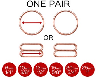 Set of 2 Rings OR 2 Sliders in Rose Gold for Swimwear or Bra making– 1/4&quot;/6mm, 3/8&quot;/10mm, 1/2&quot;/12mm, 5/8&quot;/15mm, 3/4&quot;/20mm