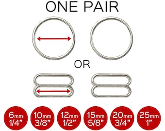 Set of 2 Rings OR 2 Sliders in Silver for swimwear or bra making- 1/4"/6mm, 3/8"/10mm, 1/2"/12mm, 5/8"/15mm, 3/4"/20mm, 1" (25mm)