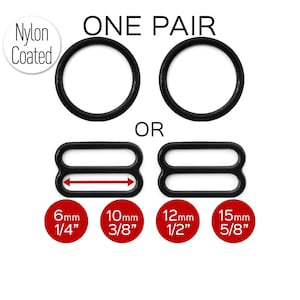 Set of 2 Rings OR 2 Sliders Bra Strap Sliders in Black for swimwear or bra making- 3/8&quot;/10mm, 1/2&quot;/12mm, 5/8&quot;/15mm, 1/4&quot;/6mm