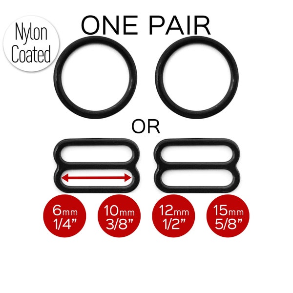 Set of 2 Rings OR 2 Sliders Bra Strap Sliders in Black for swimwear or bra making- 3/8"/10mm, 1/2"/12mm, 5/8"/15mm, 1/4"/6mm