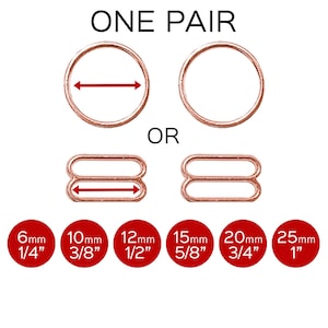 Set of 2 Rings OR 2 Sliders in Rose Gold for Swimwear or Bra making– 1/4&quot;/6mm, 3/8&quot;/10mm, 1/2&quot;/12mm, 5/8&quot;/15mm, 3/4&quot;/20mm