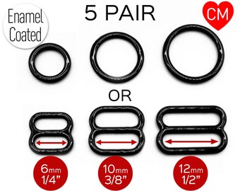 CLEARANCE- 5 Pair of Rings OR Sliders in Black Enamel for Bra making or Swimwear - 1/4"/6mm, 3/8"/10mm, 1/2"/12mm