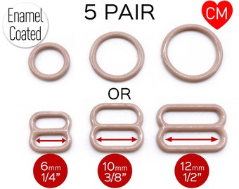 CLEARANCE- 5 Pair of Rings OR 5 Pair of Sliders in Deep Beige for Bra making or Swimwear - 1/4"/6mm, 3/8"/10mm, 1/2"/12mm